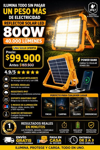 Reflector Solar LED 800W Portátil + Powerbank Impermeable