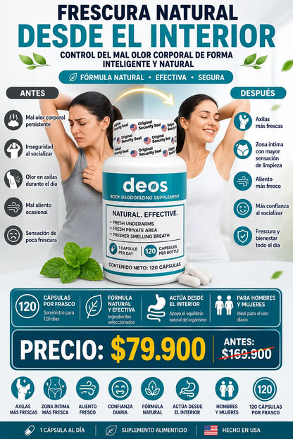 DEOS Body Deodorizing Supplement 120 Cápsulas | Control Natural del Olor Corporal Desde el Interior